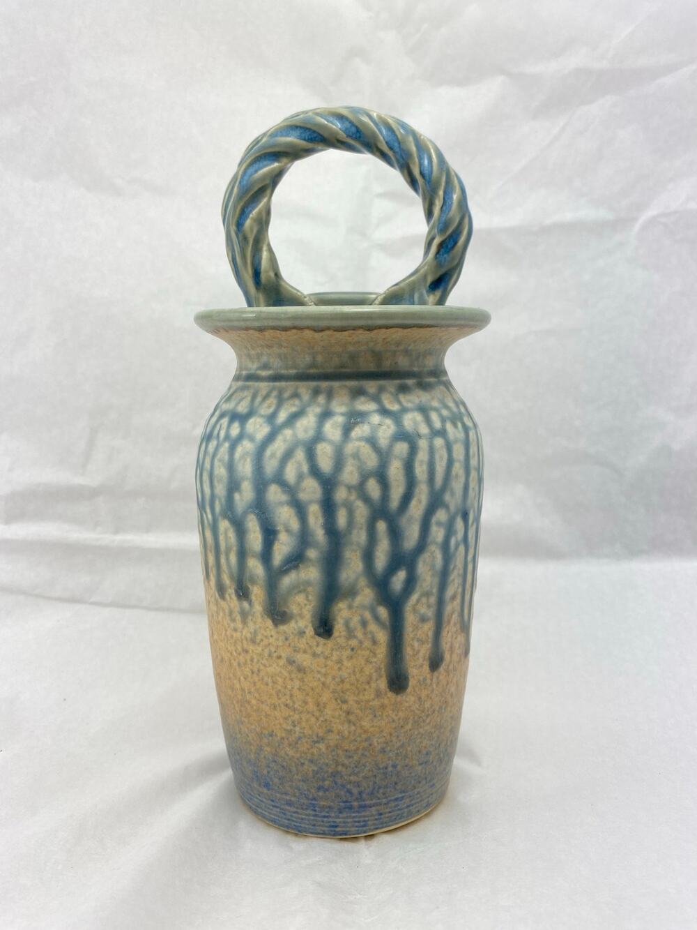 Vintage Studio Pottery Vase Blue Drip Glaze Handle Stamped Japanese Mark 8 Inch